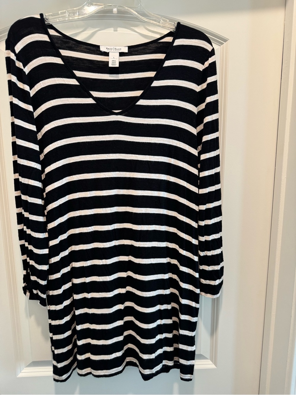 White House Black Market Black and White Striped V-Neck Tunic